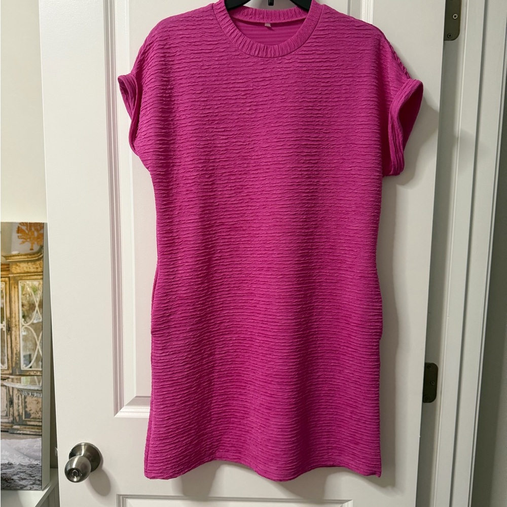 Bright Pink Textured Short Sleeve Shift Dress